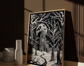 Winter Forest Goth Christmas Print, Gothic Decor, Witch Wall Art, illustrated, Friend Gift, Gothic Gifts, Spooky Season, Screen Print