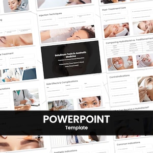 May include: A PowerPoint template with a black banner at the bottom that reads "POWERPOINT Template". The presentation slides cover topics related to aesthetic medicine, including injection techniques and post-treatment care.