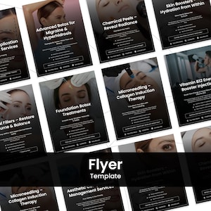 以下が含まれることがあります： さまざまな美容サービスを紹介する、白黒のチラシのコレクションです。「アドバンスドボトックス」、「ケミカルピーリング」、「マイクロニードリング」などのテキストが含まれています。チラシはグリッドパターンで配置されています。