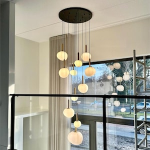 Modern Brass Milky Glass Pendant Chandelier with Amorphous Egg-Shaped Lights – Customizable Lighting Fixture for Staircases, Foyers,-lamps