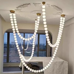Pearl Necklace Pendant Light, Modern Brass Milky Glass Pendant Chandelier Shaped Lights – Customizable Light-Free Form light-lamps
