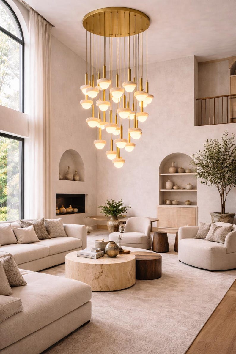Travertine Stone Pendant Chandelier, Modern Brass Ceiling Light, Custom ...