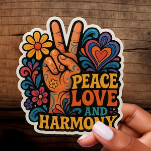 Hippie sticker met vredessymbool – Kleurrijke liefdes- en vredessticker in retro flowerpowerstijl