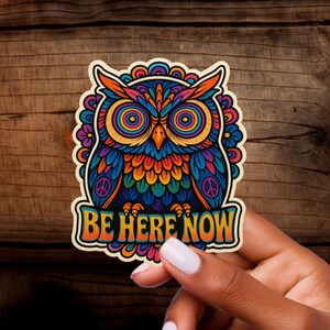 Psychedelische uilsticker "Be Here Now" – Kleurrijke vinylsticker in mandalastijl voor mindfulness en hippievibes