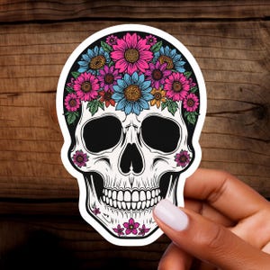 Autocollant tête de mort en forme de fleur – Autocollant en vinyle tête de mort bohème avec motif floral pour ordinateur portable et journal