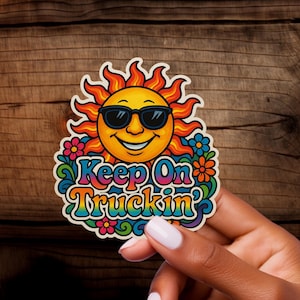 Autocollant psychédélique « Keep On Truckin » – Autocollant en vinyle coloré de style rétro avec motif soleil et fleurs