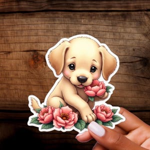 Autocollant chiot mignon avec des fleurs roses – autocollant en vinyle pour ordinateur portable et autocollants de journal