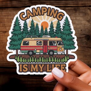 Autocollant camping avec camping-car et lever de soleil – Autocollants nature en vinyle pour agendas, ordinateurs portables et autocollants décoratifs