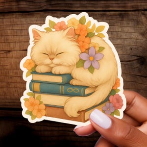 Autocollant chat, autocollant animal, amoureux des chats, fleur, rat de bibliothèque - Autocollant en vinyle imperméable pour rats de bibliothèque, autocollant Kindle et ordinateur portable