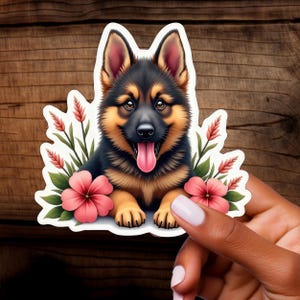 Autocollant berger allemand mignon avec fleurs – Autocollant en vinyle amovible pour les amoureux des animaux et la décoration