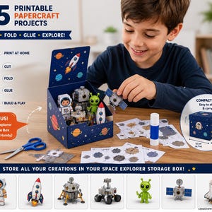 Peut inclure: Un kit de 35 projets de papercraft imprimables avec des figurines sur le thème de l'espace comme un astronaute, une fusée et un alien. Inclut une boîte de rangement bleue avec des graphismes spatiaux de 12 cm, des ciseaux et un bâton de colle.