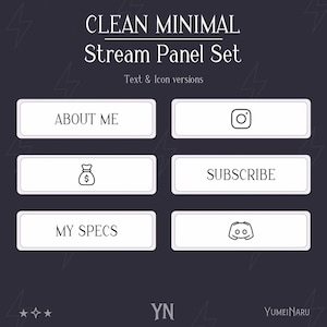 May include: A dark purple graphic with white text and icons for a stream panel set. The text includes "CLEAN MINIMAL Stream Panel Set" and buttons labeled "ABOUT ME", "SUBSCRIBE", and "MY SPECS". Social media icons are also present.