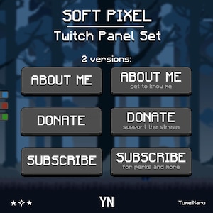 Könnte beinhalten: Digitales Grafikdesign für Twitch-Panels im Pixel-Look. Das Set enthält zwei Versionen von Panels mit den Schaltflächen "ABOUT ME", "DONATE" und "SUBSCRIBE". Der Hintergrund ist dunkelblau mit einer Waldsilhouette.
