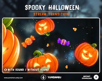 May include: A digital graphic titled SPOOKY HALLOWEEN STREAM TRANSITION featuring orange jack-o'-lanterns, wrapped candies, and candy corn against a dark background. The text WITH SOUND / WITHOUT SOUND is visible at the bottom left corner.