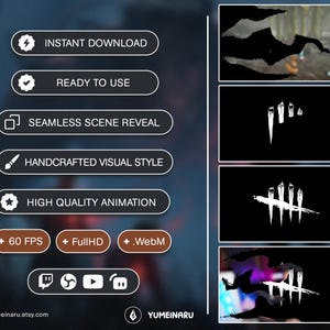 May include: A digital animation overlay featuring a black background with white claw mark graphics. The interface includes text labels: INSTANT DOWNLOAD, READY TO USE, SEAMLESS SCENE REVEAL, HANDCRAFTED VISUAL STYLE, HIGH QUALITY ANIMATION, 60 FPS, FullHD, .WebM.