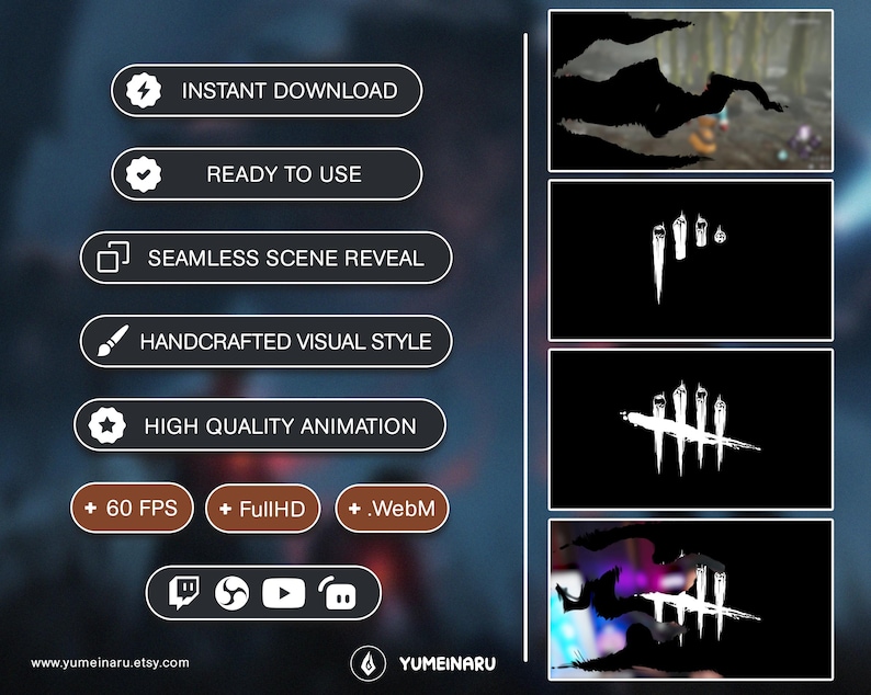 May include: A digital animation overlay featuring a black background with white claw mark graphics. The interface includes text labels: INSTANT DOWNLOAD, READY TO USE, SEAMLESS SCENE REVEAL, HANDCRAFTED VISUAL STYLE, HIGH QUALITY ANIMATION, 60 FPS, FullHD, .WebM.