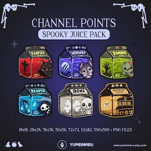 Może przedstawiać: Cyfrowy zestaw sześciu ikon punktów kanału Spooky Juice Pack przedstawiający kartony mleka w stylu kreskówkowym z napisami Vampire, Werewolf, Zombie, Reaper, Bone i Haunted House. Każdy karton ma unikalne kolory i postacie oraz tekst, w tym 100% Blood, Feral, Brains, Souls i Calcium.