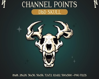 May include: A white skull with large horns and sharp teeth, set against a dark teal background. The text "CHANNEL POINTS" and "DbD SKULL" are displayed above the skull. Additional text includes size options and the website address.