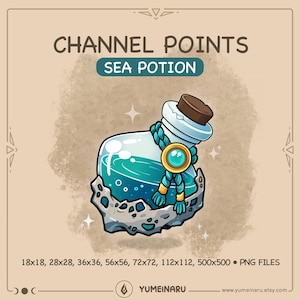 Può includere: Illustrazione di una bottiglia di pozione con la scritta "Sea Potion" e il testo "Channel Points". La bottiglia trasparente contiene un liquido turchese e un tappo marrone. È decorata con un gioiello dorato e turchese e poggia su una base di pietra.
