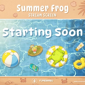 May include: A digital stream screen graphic titled Summer Frog Starting Soon featuring a blue swimming pool background with a beach ball, a tropical drink, a soda can, a green frog on a yellow floatie, sunscreen, and a yellow rubber duck.