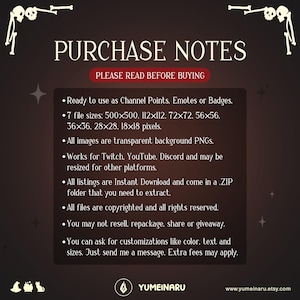May include: A digital download graphic with the text "PURCHASE NOTES" and "PLEASE READ BEFORE BUYING". The notes detail file sizes, compatibility with platforms like Twitch and YouTube, and copyright information. The image has a dark brown background with decorative skeleton elements.