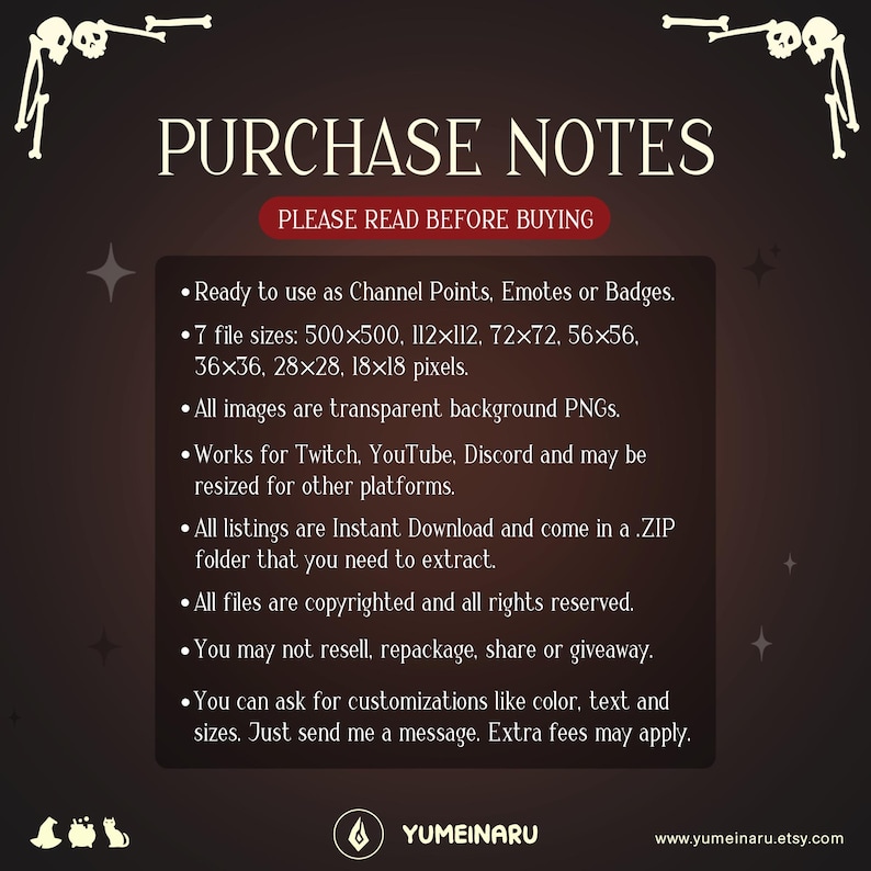 May include: A digital download graphic with the text "PURCHASE NOTES" and "PLEASE READ BEFORE BUYING". The notes detail file sizes, compatibility with platforms like Twitch and YouTube, and copyright information. The image has a dark brown background with decorative skeleton elements.