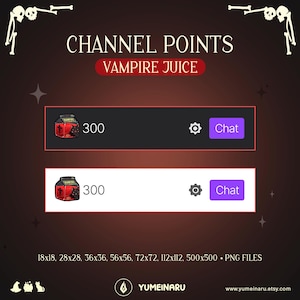 May include: Digital graphic with the text "CHANNEL POINTS" and "VAMPIRE JUICE." Two rectangular buttons are displayed, one black and one white, each with a "Chat" button and a graphic of a jar with a vampire design. The image also includes file size information.