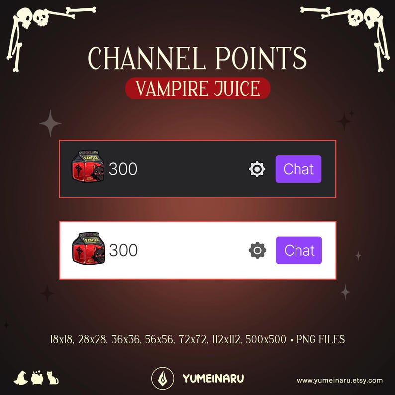May include: Digital graphic with the text "CHANNEL POINTS" and "VAMPIRE JUICE." Two rectangular buttons are displayed, one black and one white, each with a "Chat" button and a graphic of a jar with a vampire design. The image also includes file size information.