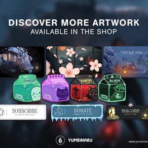 May include: A digital collection of stream overlays and four milk carton-shaped pins labeled Ghost, Witch, Vampire, and Alien. The graphic includes buttons for Subscribe, Donate, and Discord, alongside three rectangular background scenes featuring nature themes.