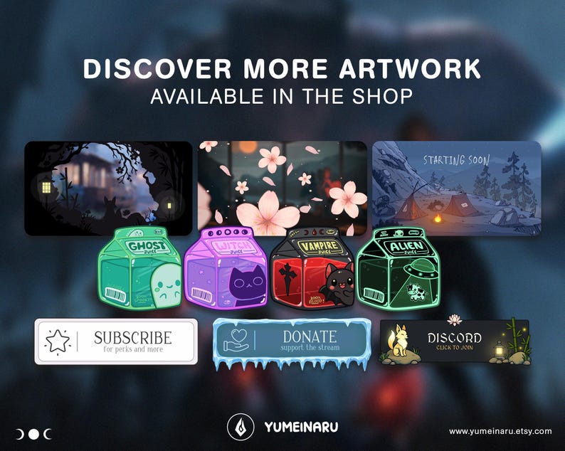 May include: A digital collection of stream overlays and four milk carton-shaped pins labeled Ghost, Witch, Vampire, and Alien. The graphic includes buttons for Subscribe, Donate, and Discord, alongside three rectangular background scenes featuring nature themes.