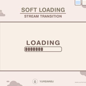 Può includere: Grafica digitale con il testo "SOFT LOADING" e "STREAM TRANSITION" sopra un rettangolo. All'interno, la parola "LOADING" sopra una barra di avanzamento. Sfondo beige chiaro con grafiche di nuvole e lune.