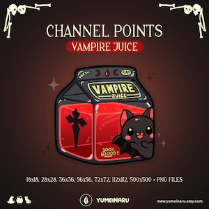 Può includere: Grafica digitale di una scatola di succo di vampiro nera con liquido rosso, una croce e un pipistrello. Il testo include "CHANNEL POINTS", "VAMPIRE JUICE" e "100% BLOOD!".