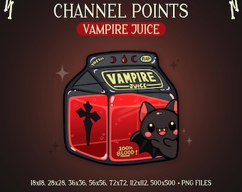 May include: A digital graphic featuring a cartoon-style vampire juice box. The box is black with red liquid inside, a cross, and a cute bat. Text includes "CHANNEL POINTS," "VAMPIRE JUICE," and "100% BLOOD!"