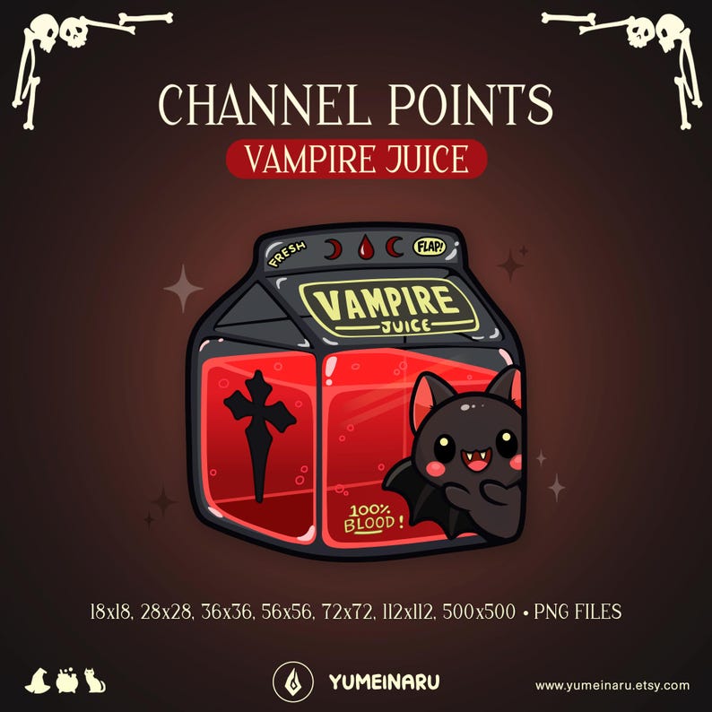 May include: A digital graphic featuring a cartoon-style vampire juice box. The box is black with red liquid inside, a cross, and a cute bat. Text includes "CHANNEL POINTS," "VAMPIRE JUICE," and "100% BLOOD!"
