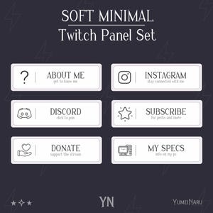May include: A dark purple graphic with white rectangular Twitch panel buttons. The buttons include "About Me," "Instagram," "Discord," "Subscribe," "Donate," and "My Specs." The text "Soft Minimal Twitch Panel Set" is at the top.