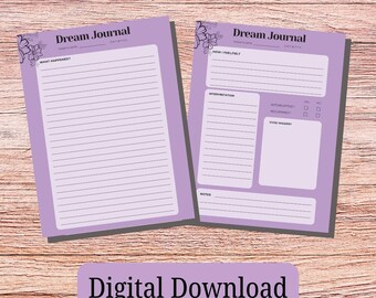 May include: Two lavender Dream Journal pages with floral accents and lined sections for notes. The pages include the text "Dream Journal" and "Digital Download". The pages are on a wooden surface.