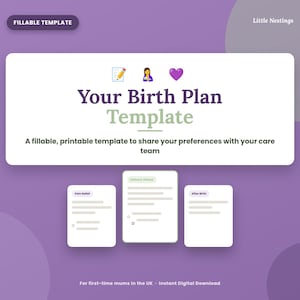 May include: A fillable birth plan template on a purple background with the text Your Birth Plan Template and Little Nestings. The document includes sections labelled Pain Relief, Delivery Wishes, and After Birth with checkboxes and lines.