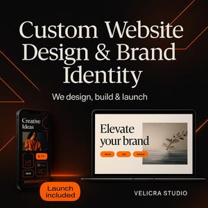 Può includere: Immagine promozionale con il testo "Custom Website Design & Brand Identity". Uno smartphone mostra un design del sito web e un laptop mostra un sito web con le parole "Elevate your brand". L'immagine ha uno schema di colori arancione e nero.