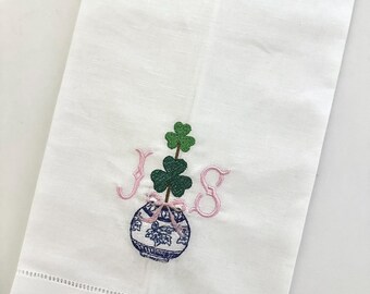 Personalized White Linen Hemstitch Tea Towel