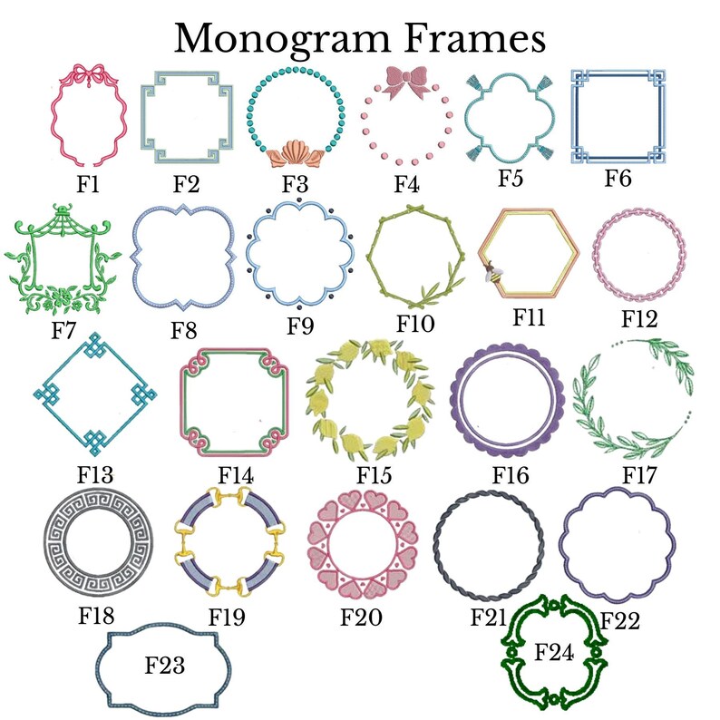 May include: A collection of 24 monogram frames in various shapes and styles. The frames are in different colors, including pink, blue, green, and gold. The text "Monogram Frames" is at the top of the image.