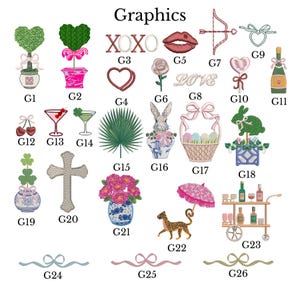 May include: An assortment of embroidered graphics, including a heart-shaped topiary, lips, a bow and arrow, and the word "LOVE". Other designs include a champagne bottle, a cocktail, a cross, and a leopard.