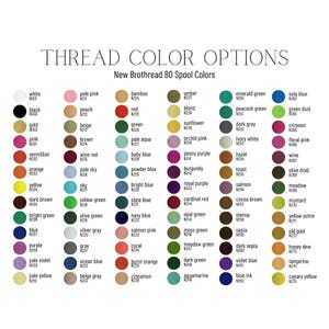 May include: Color chart of New Brothread 80 Spool Colors. The chart displays a variety of thread colors, including white, black, pink, red, yellow, and blue. Each color is labeled with its name and a corresponding code.
