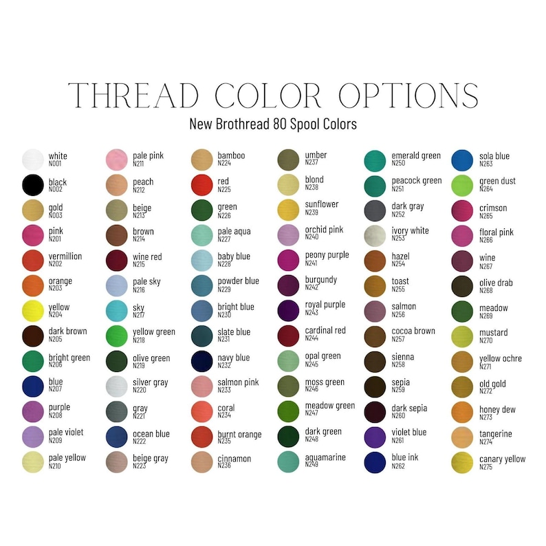 May include: Color chart of New Brothread 80 Spool Colors. The chart displays a variety of thread colors, including white, black, pink, red, yellow, and blue. Each color is labeled with its name and a corresponding code.