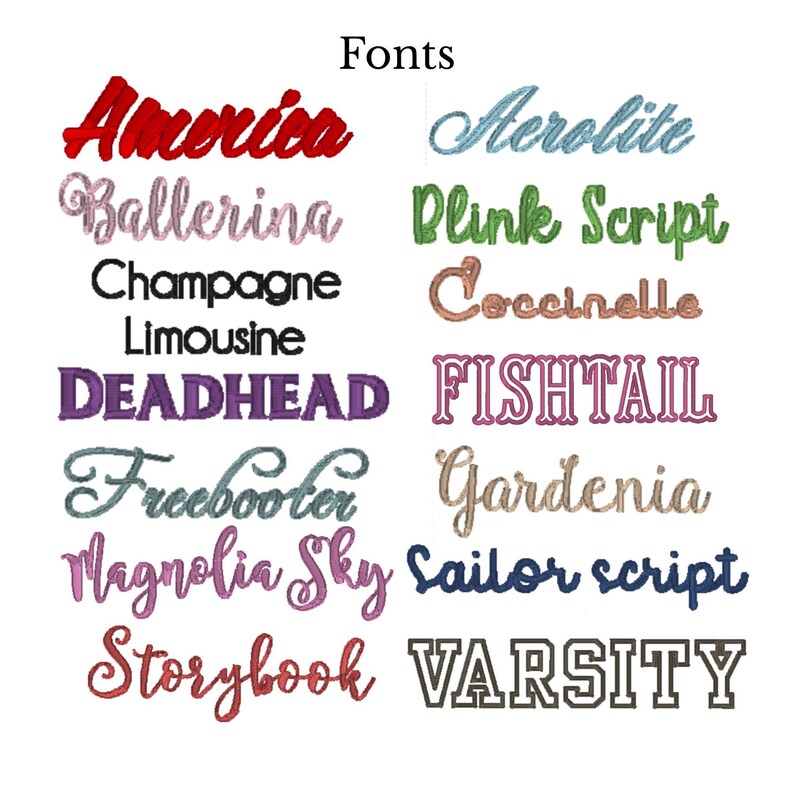 May include: An image displaying various font styles. The word "Fonts" is at the top. Font styles include "America," "Ballerina," "Champagne," "Deadhead," "Freebooter," "Magnolia Sky," "Storybook," "Aerolite," "Plink Script," "Coccinelle," "Fishtail," "Gardenia," "Sailor script," and "Varsity."