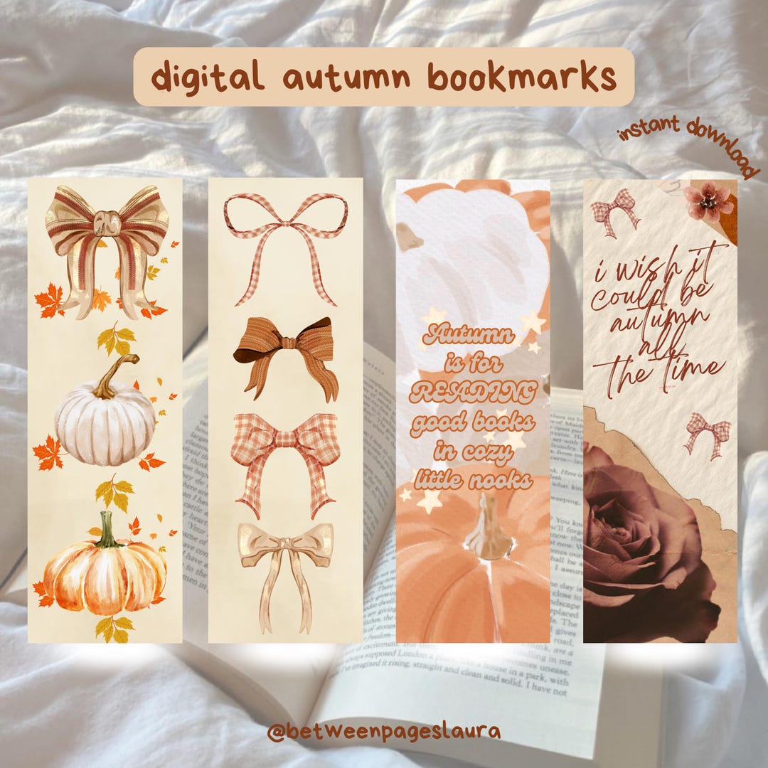 Fall Book Stack Bookmark Autumn Bookmark Set - Printable Fall Bookmarks for Cozy Reading/ 4 ...
