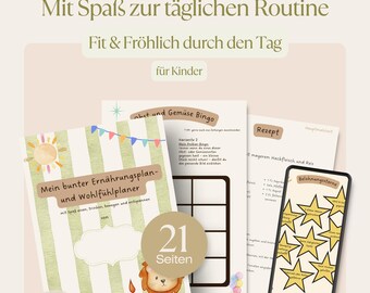 May include: An ebook cover with the text "Mein bunter Ernährungsplan- und Wohlfühlplaner" and a lion illustration. The image also includes a smartphone displaying star graphics, and other printed pages. The theme is about healthy eating and well-being for children.