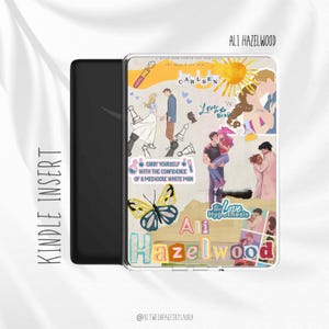 Könnte beinhalten: Ein Kindle-Insert mit einem Collage-Design, das den Text "Ali Hazelwood" zeigt. Das Design enthält Illustrationen von Paaren, Schachfiguren und einem Schmetterling. Die Wörter "Love in the Brain" und "The Love Hypothesis" sind ebenfalls sichtbar.