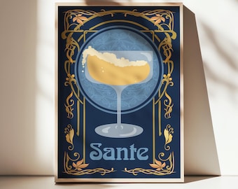 Lámina Art Nouveau con champán: Decoración vintage de bar en azul oscuro y dorado (descarga digital)