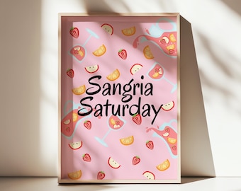 Lámina artística "Sábado de Sangría": Decoración de bar rosa dibujada a mano (Descarga digital)