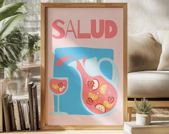 Lámina artística Salud: Decoración vintage de carrito de bar español con sangría (descarga digital)